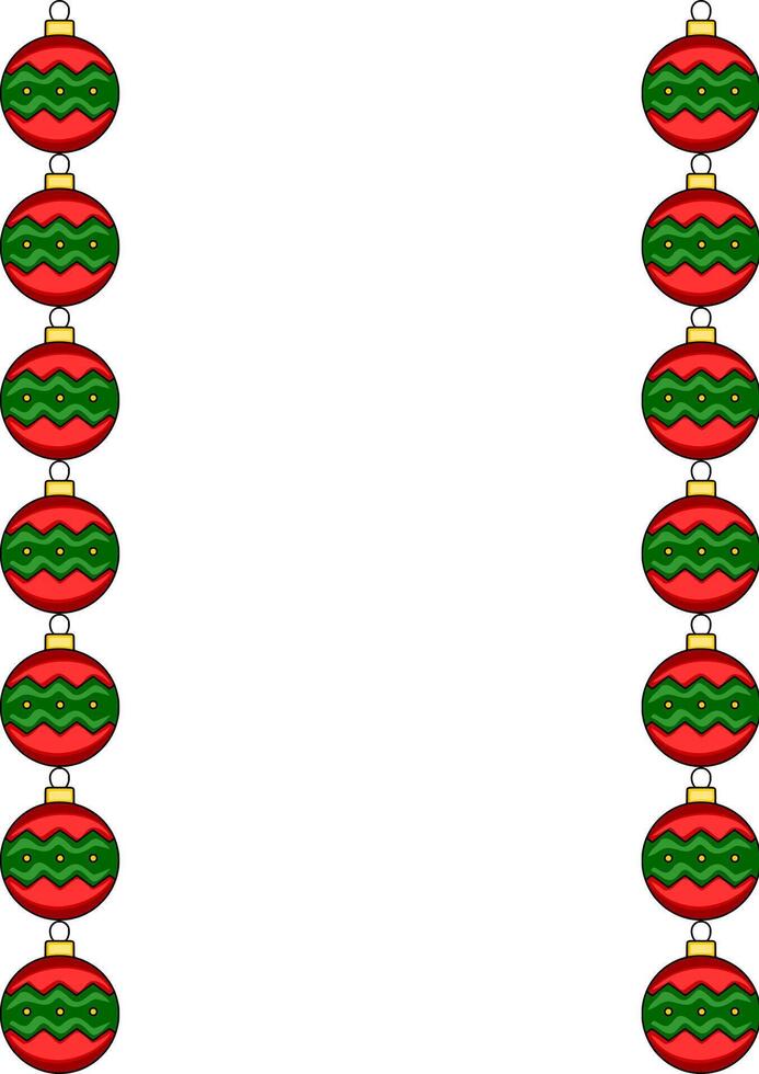 Festive illustration of a Christmas card template with a vertical border of red and green Christmas balls with a zigzag pattern. vector