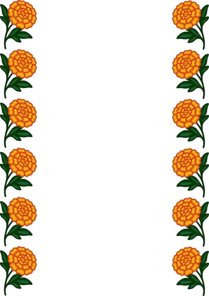 Elegant floral frame with detailed marigold flowers and green leaves, perfect for invitations, cards, or decorative borders. vector