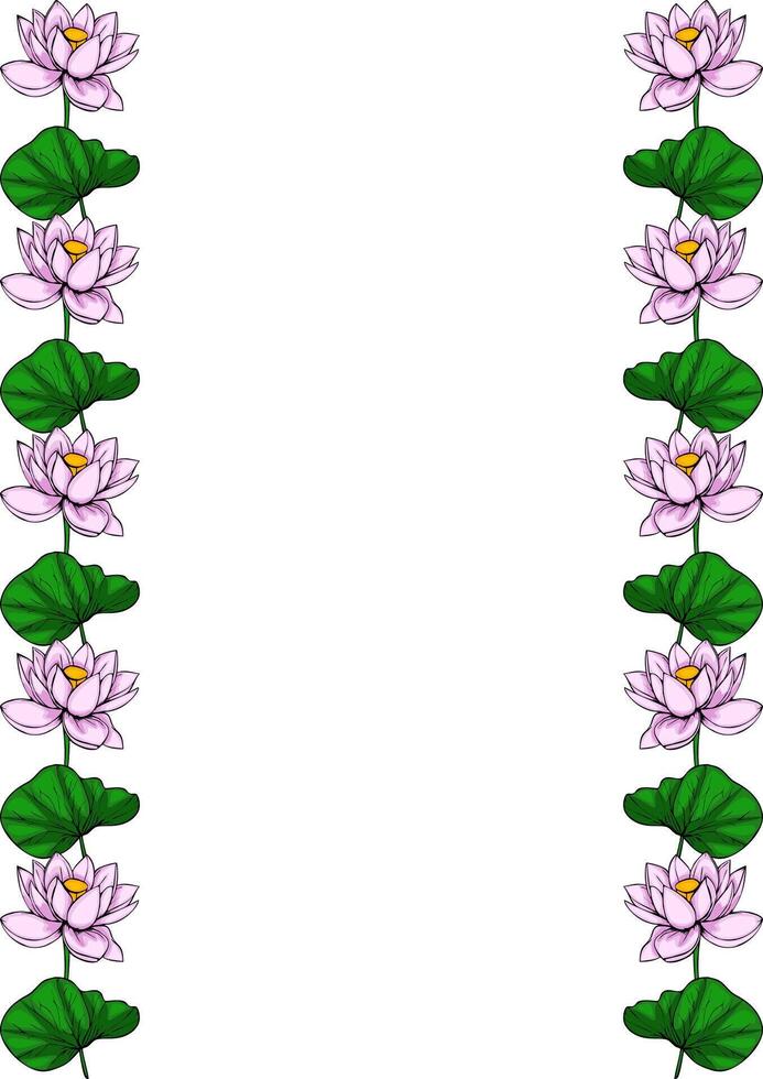 Elegant illustration of a vertical frame with delicate pink lotus flowers and green leaves, perfect for invitations or cards. vector
