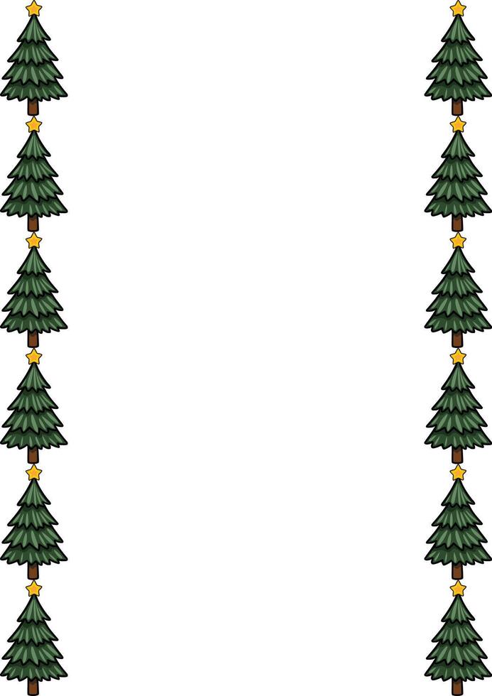 Festive Christmas border design featuring repeating pattern of stylized evergreen trees adorned with yellow stars, perfect for holiday cards or invitations. vector
