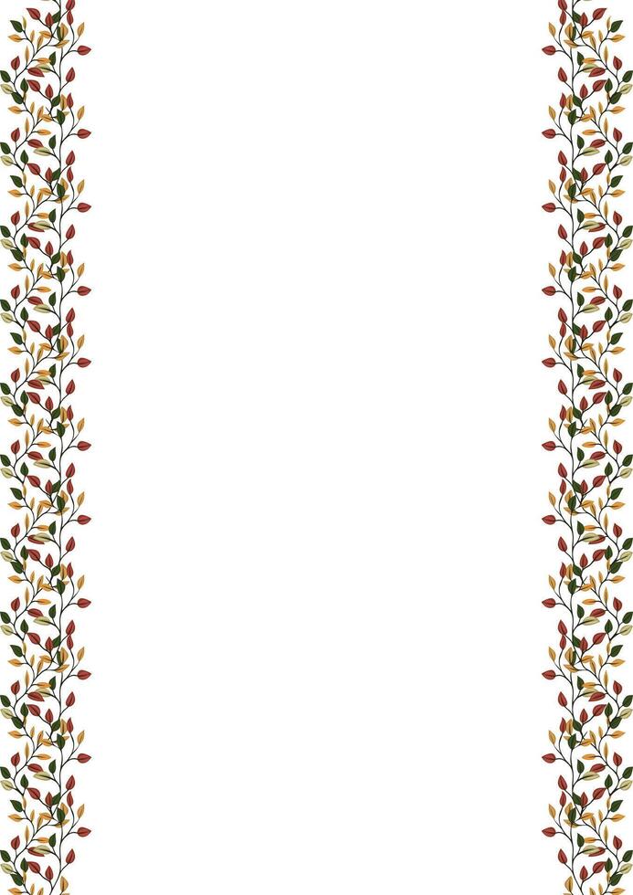 Elegant frame with vertical lines of stylized autumn leaves in red, orange, green and beige colors, perfect for fallthemed designs or invitations. vector