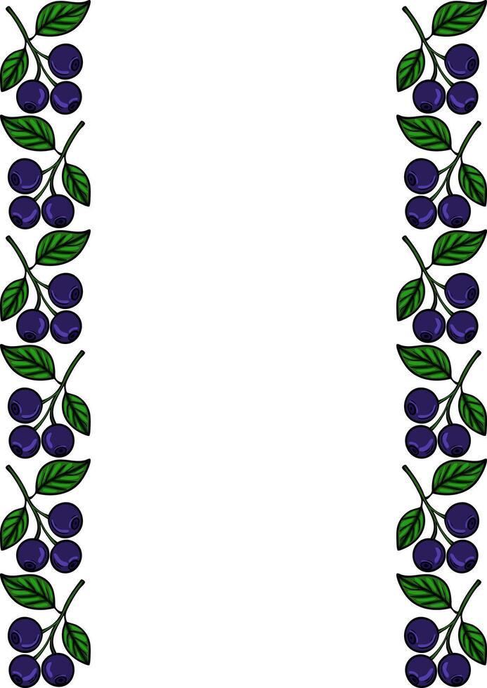 Elegant blueberry branch border design, featuring dark purple berries and vibrant green leaves, perfect for invitations, cards, or packaging. vector