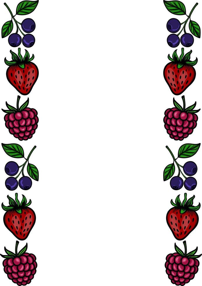 Delightful illustration featuring a vertical border design of vibrant strawberries, raspberries, and blueberries, perfect for summerthemed projects. vector