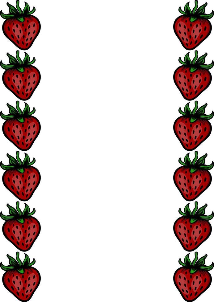 A delightful illustration featuring a white background elegantly framed by two vertical rows of meticulously detailed strawberries, each berry showcasing a vibrant red hue and lush green lea... vector