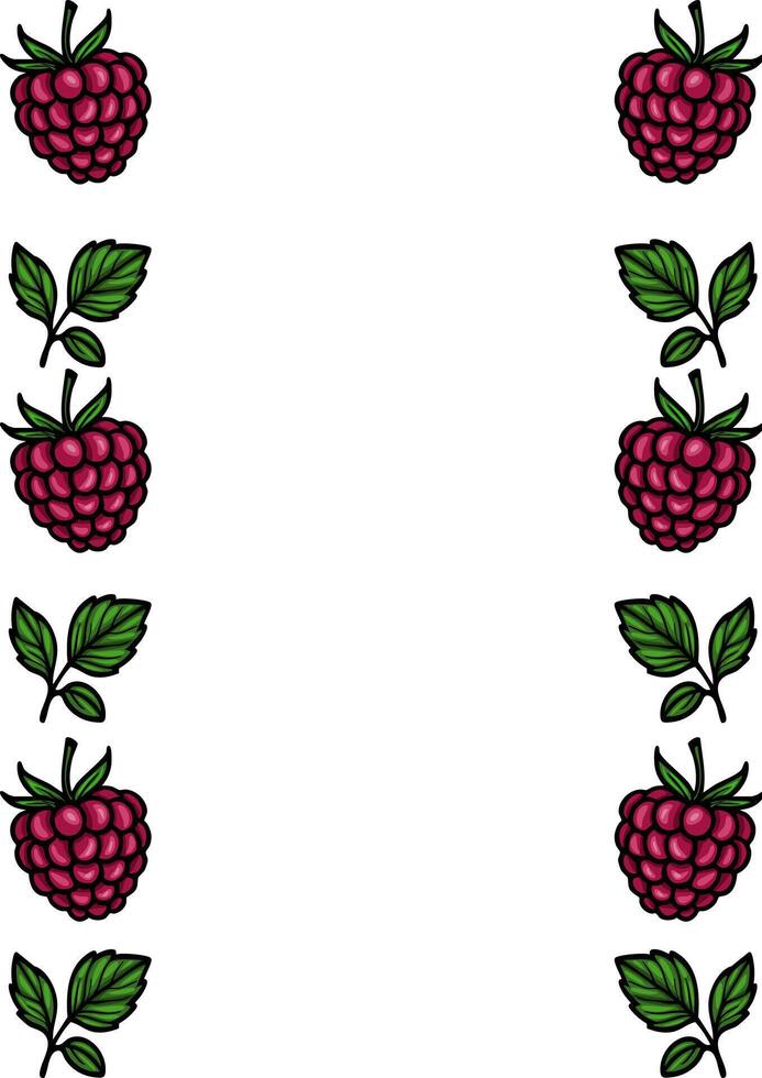 illustration of a vertical frame with handdrawn raspberries and leaves, perfect for summer designs and invitations. vector