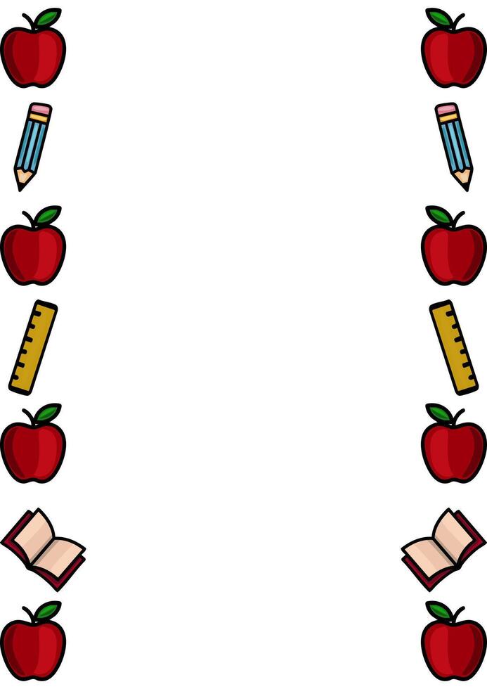 A charming frame design featuring a vertical arrangement of red apples, pencils, rulers, and open books, perfect for backtoschool themes or educational projects. vector