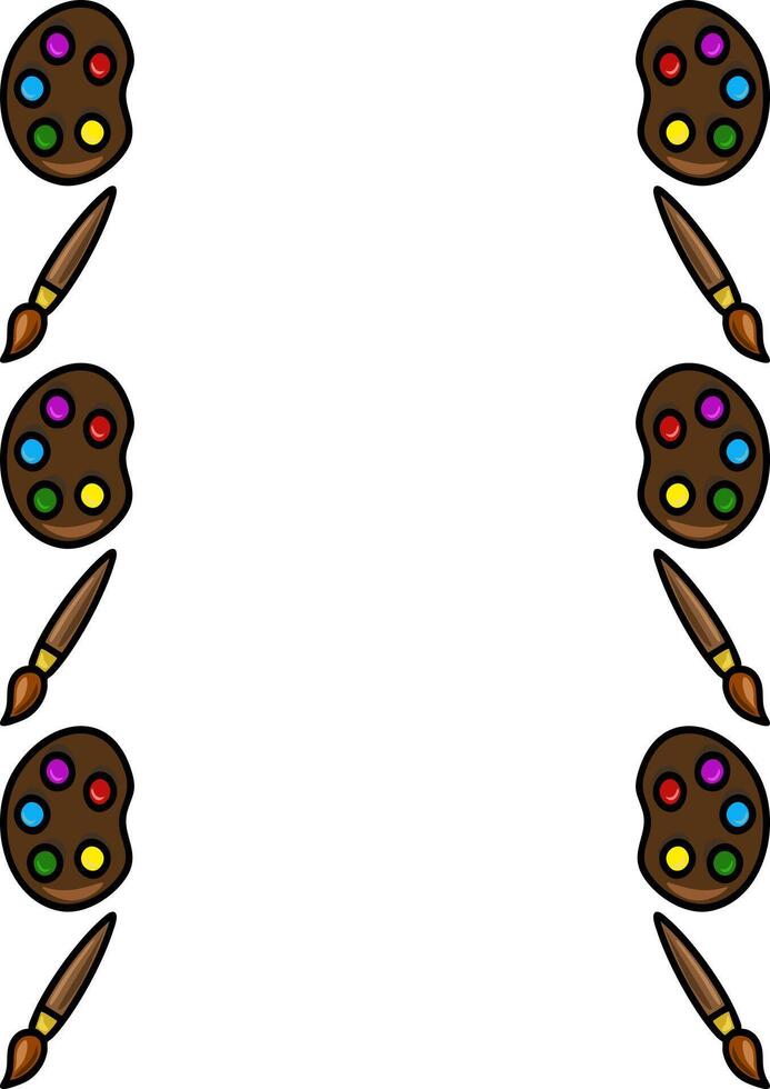 Artistic frame design featuring a repeating pattern of paint palettes and brushes, ideal for creative projects and invitations. vector