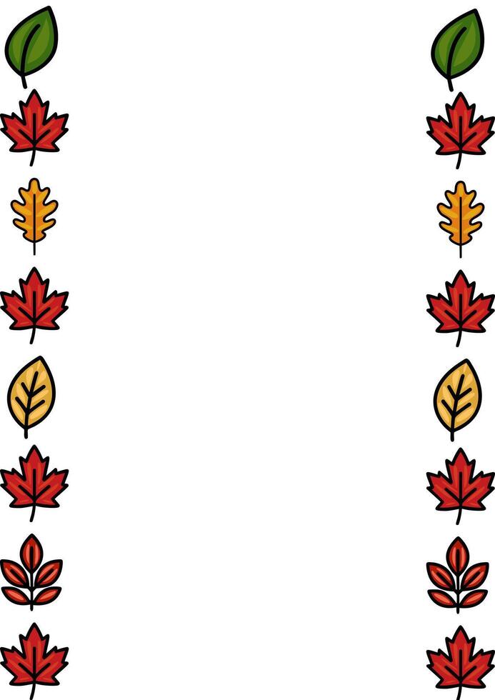 Autumnal frame design featuring a vertical arrangement of diverse leaves in red, orange, yellow and green hues, perfect for seasonal invitations or fallthemed projects. vector