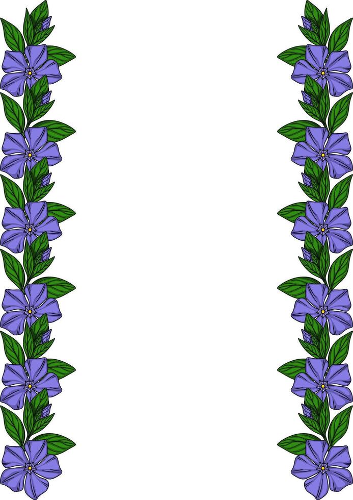 Elegant floral frame with periwinkle flowers and green leaves, perfect for invitations, cards, or decorative elements. vector