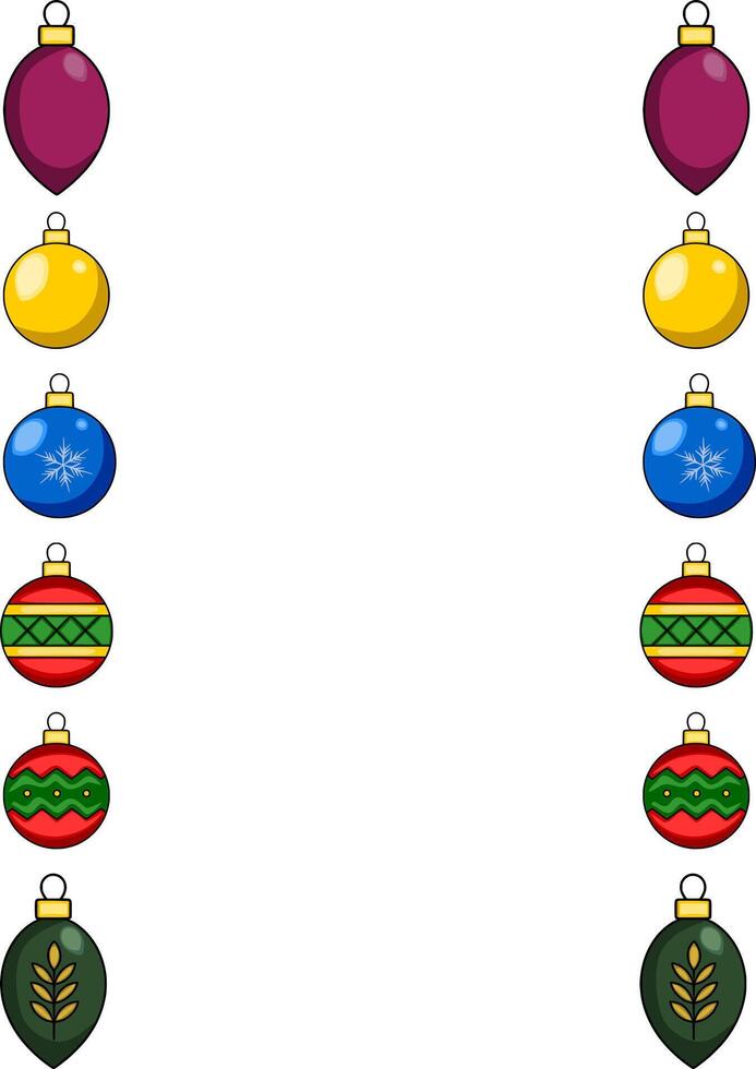Festive Christmas Frame with Colorful Ornaments A vertical arrangement of diverse baubles, including teardrop and round shapes, featuring solid colors and patterned designs in red, green, g... vector