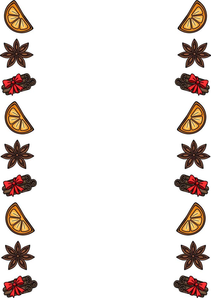 Festive Border Design Featuring Orange Slices, Star Anise, and Cinnamon Sticks Tied with Red Bows, Perfect for Holiday Invitations or Cards. vector