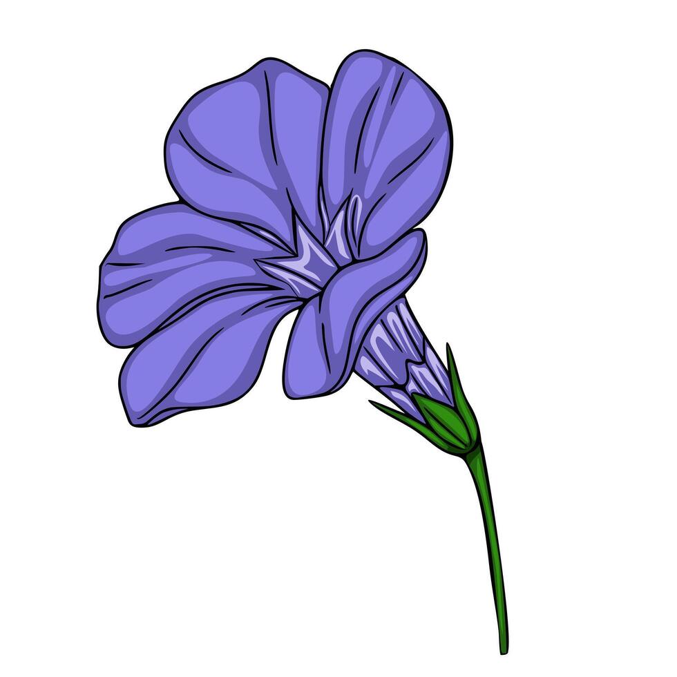 Delicate Illustration of a Single Periwinkle Blue Flower with a Green Stem, Isolated on White Background. vector