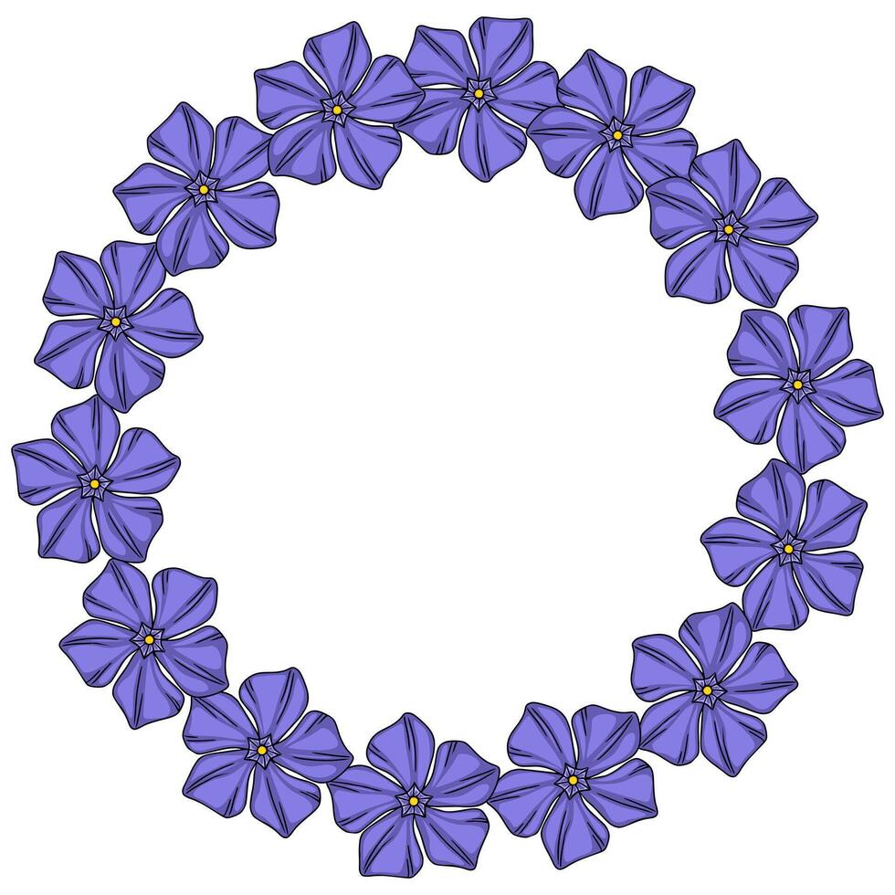 Elegant floral wreath with purple periwinkle flowers arranged in a circular frame, perfect for invitations, cards, or decorative design elements. vector