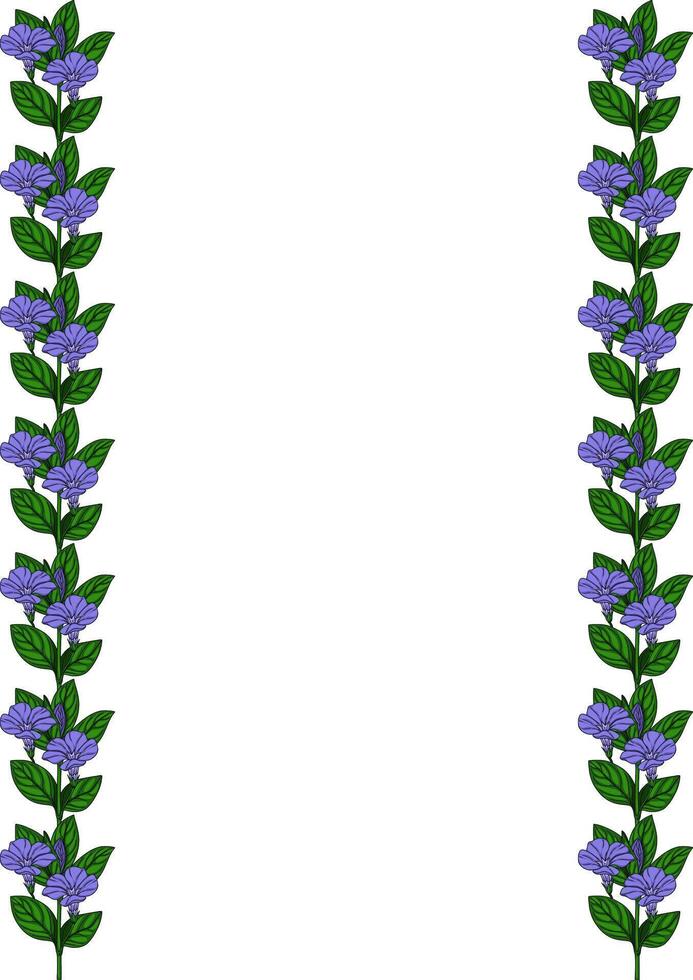 Elegant floral frame with vertical lines of blooming purple flowers and green leaves, perfect for invitations, cards, or decorative designs. vector