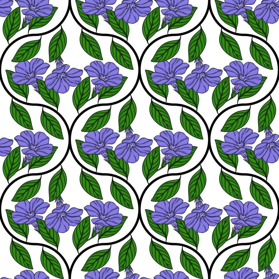Seamless pattern of stylized periwinkle flowers and leaves, arranged in a unique wavy black line pattern on a white background, creating a vibrant and elegant design. vector