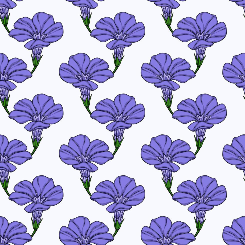 Seamless pattern of stylized periwinkle flowers in a vibrant purple hue, arranged in a repeating design ideal for textile prints or digital backgrounds. vector