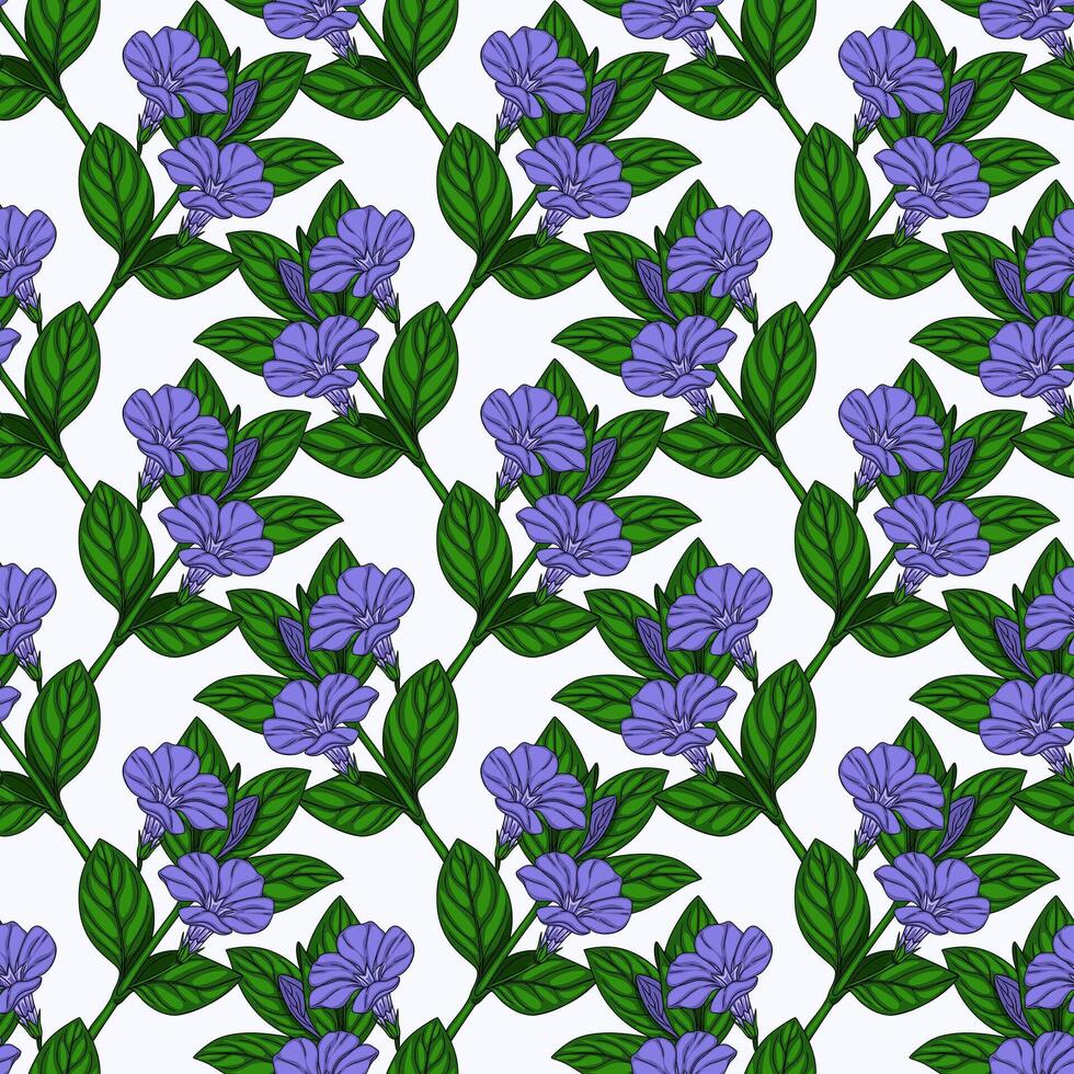 Seamless pattern of stylized periwinkle flowers and green leaves, creating a vibrant and elegant floral design ideal for textile prints, wallpapers, and surface decorations. vector