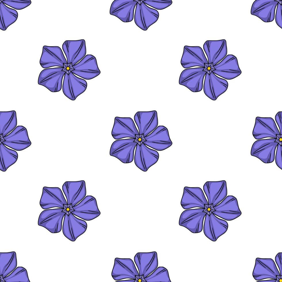 Seamless pattern of stylized periwinkle flowers in vibrant purple hues, perfect for textile design or springthemed projects. vector
