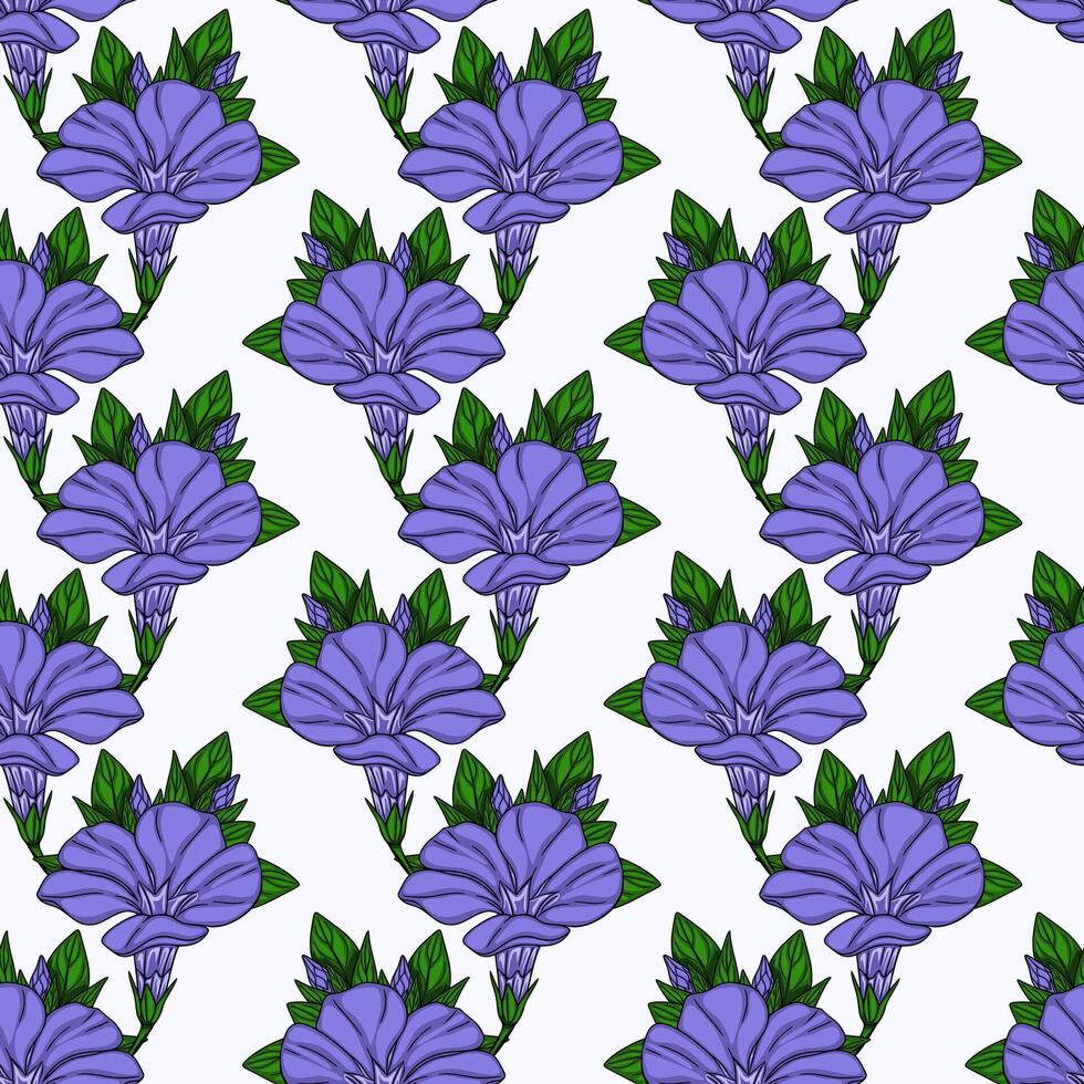 Seamless pattern of stylized periwinkle flowers with buds and green leaves on a white background, perfect for textile prints, wallpapers, and surface designs. vector
