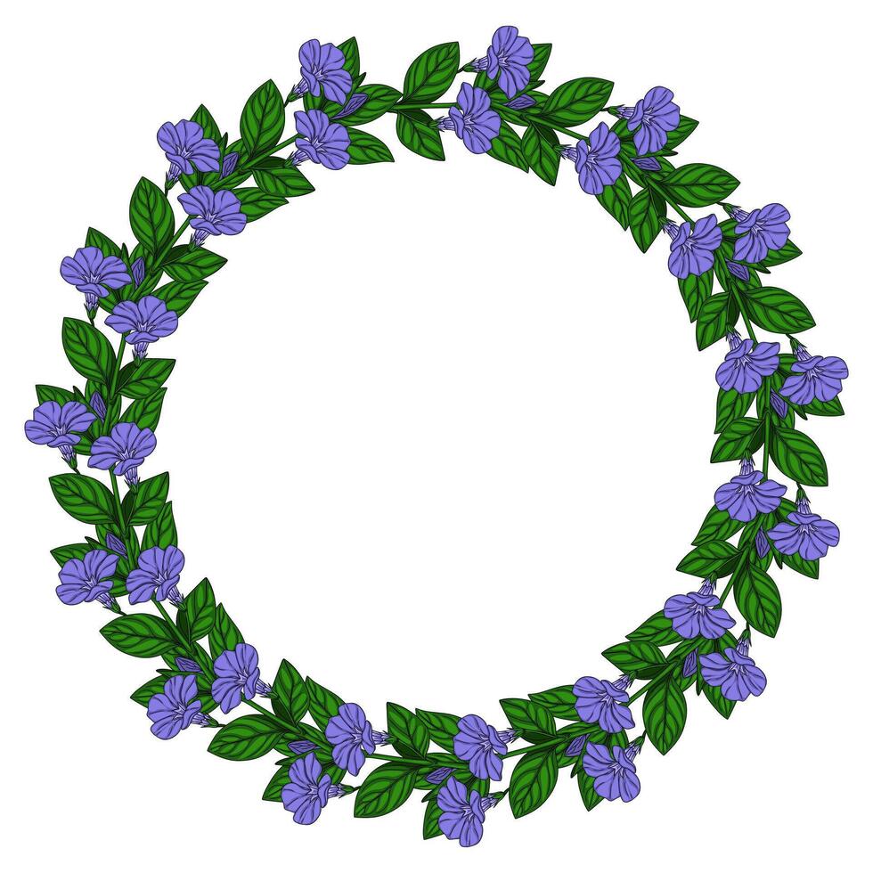 Elegant wreath design featuring a circular arrangement of delicate purple flowers and lush green leaves, perfect for invitations, cards, or decorative elements. vector