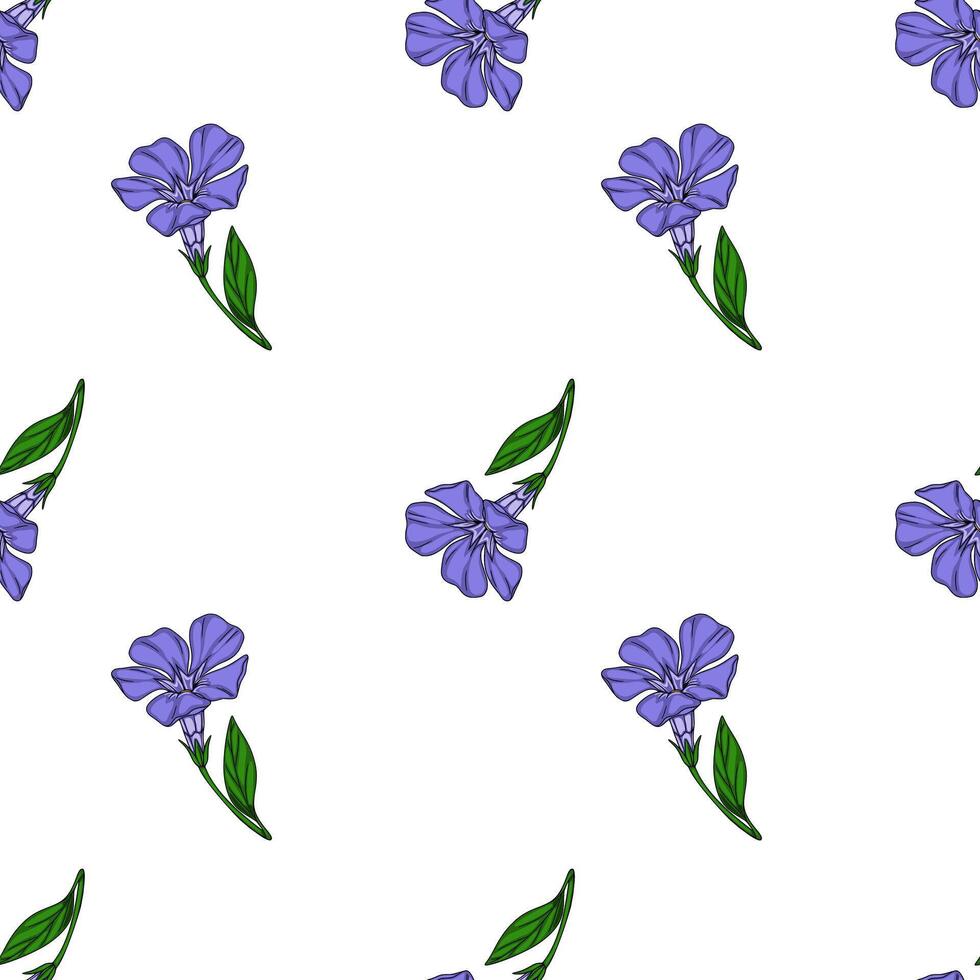 Seamless pattern of delicate periwinkle flowers with green leaves on a white background, ideal for textile prints and floral designs. vector