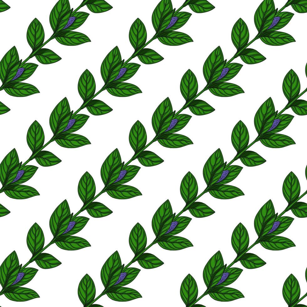 Seamless pattern of stylized periwinkle branches with vibrant green leaves and closed purple buds, arranged in a diagonal repeat on a white background, ideal for textile prints or wallpapers. vector