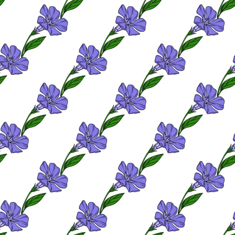 Seamless pattern of stylized periwinkle flowers with vibrant purple petals and lush green leaves, arranged in a diagonal repeating design on a white background. vector