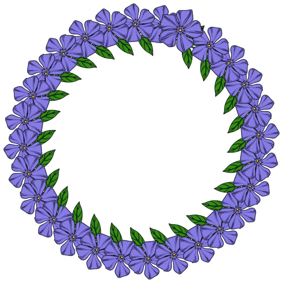 Elegant wreath design featuring a circular arrangement of vibrant purple periwinkle flowers and lush green leaves, perfect for invitations, cards, or decorative elements. vector