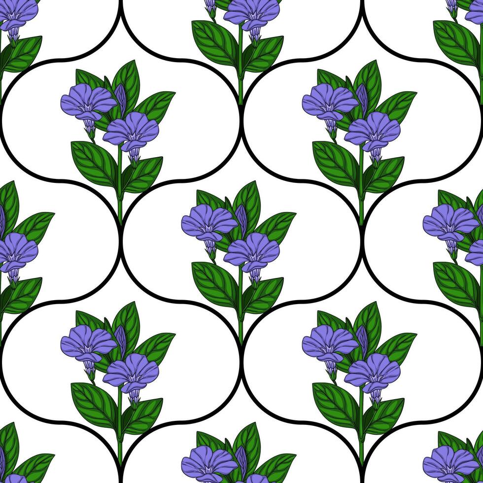 Seamless pattern with stylized periwinkle flowers and leaves, arranged in a repeating design against a white background, featuring a unique curved black line motif. vector