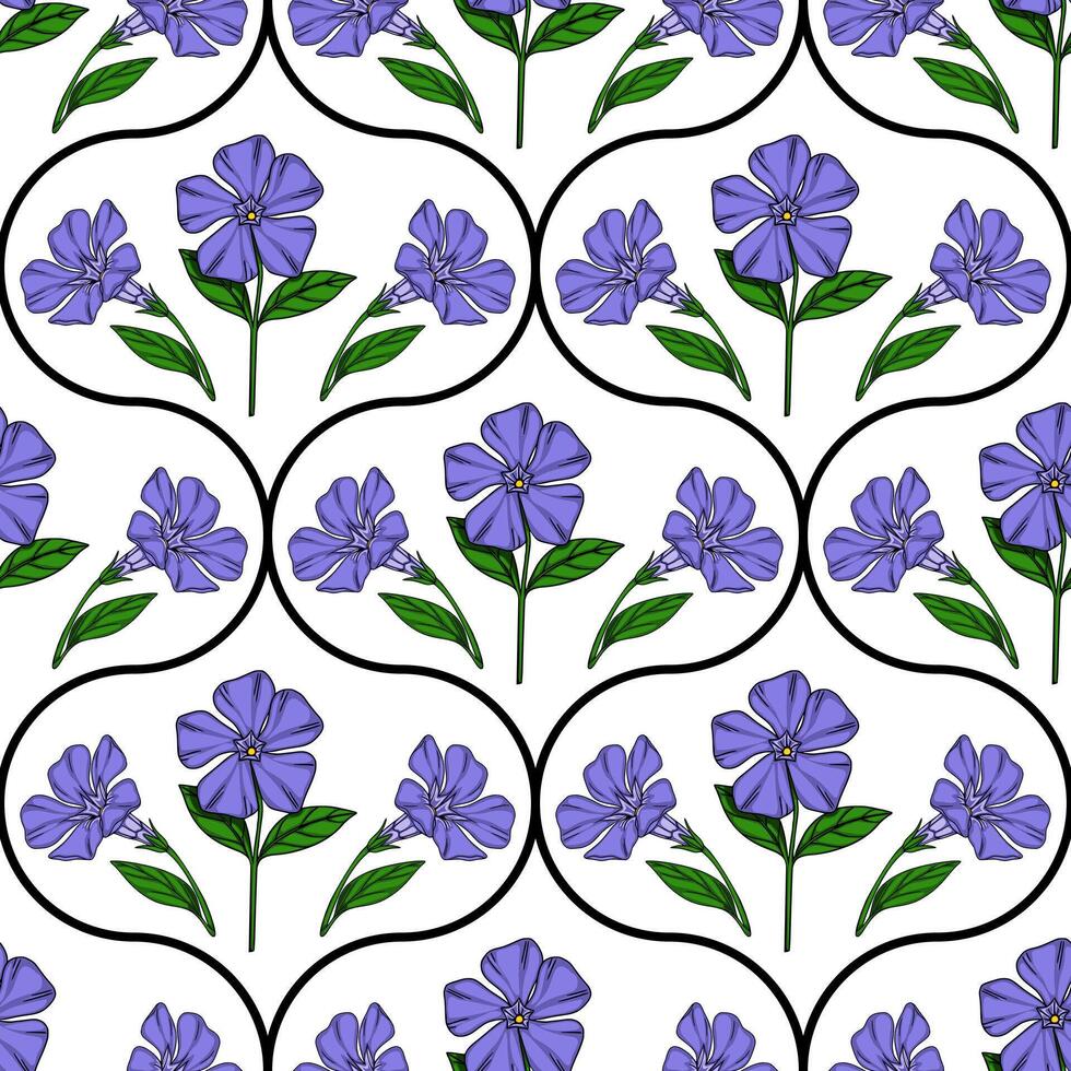 Seamless pattern of stylized periwinkle flowers in a unique oval frame, creating a delicate and elegant floral design. vector