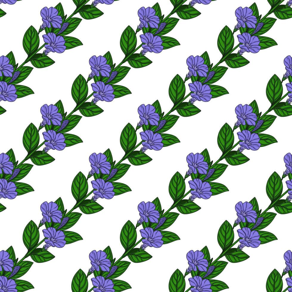 Seamless pattern of stylized periwinkle flowers and leaves, arranged diagonally on a white background, featuring vibrant purple blossoms and lush green foliage, perfect for textile prints or... vector