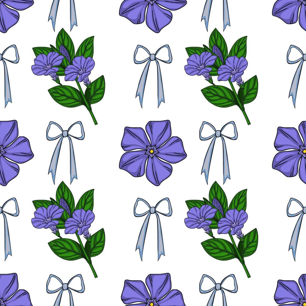 Seamless pattern featuring delicate periwinkle flowers and light blue bows on a white background, creating a charming and elegant design perfect for various applications. vector