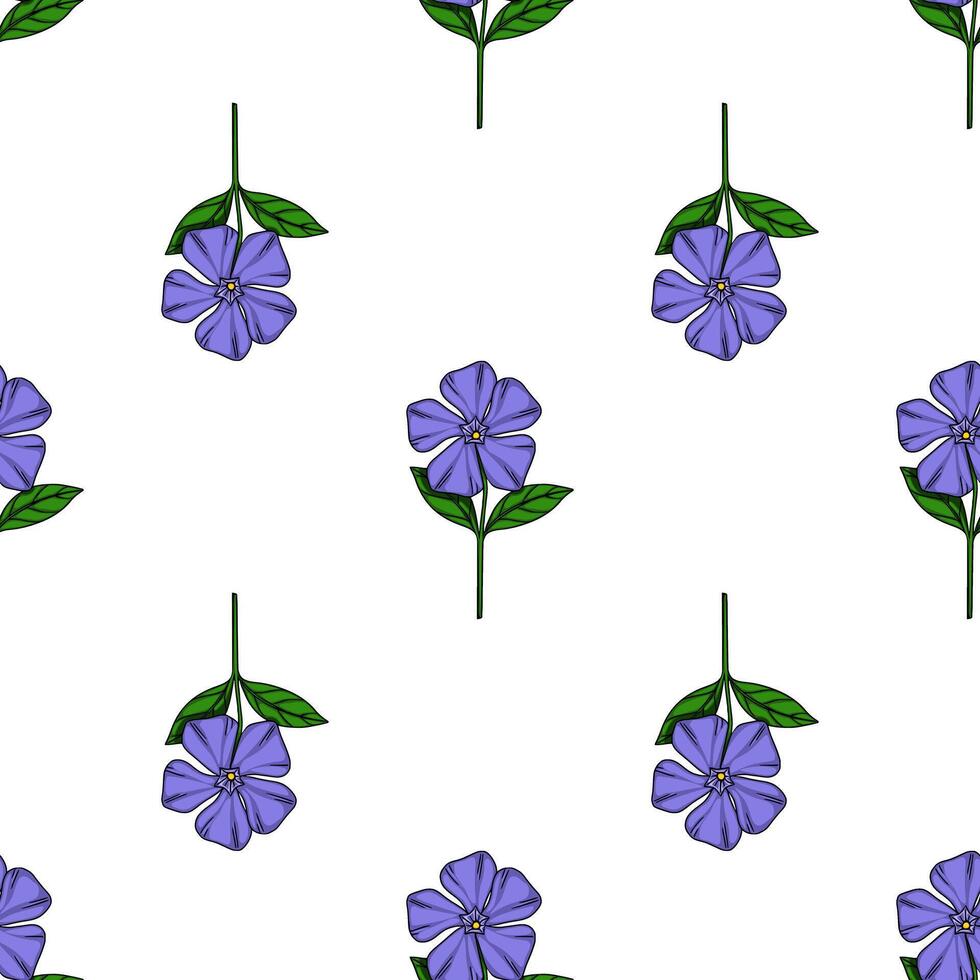 Seamless pattern of stylized periwinkle flowers with vibrant purple petals and green leaves, perfect for textile design or springthemed projects. vector