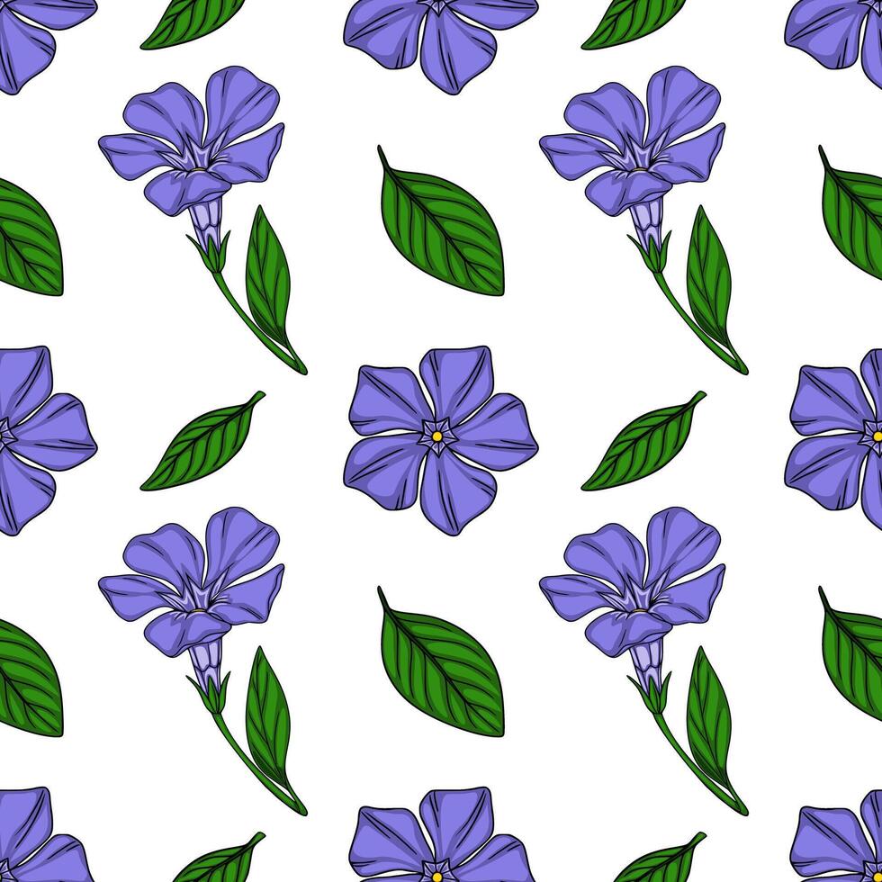 Seamless pattern of delicate periwinkle flowers and leaves, featuring a vibrant purple hue and lush green foliage, ideal for textile design or springthemed projects. vector