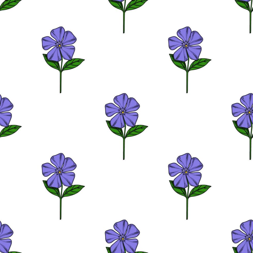 Seamless pattern of stylized periwinkle flowers with vibrant purple petals and dark green leaves on a white background, perfect for textile prints or digital designs. vector