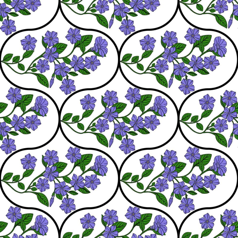 Seamless pattern of delicate periwinkle flowers and leaves arranged in elegant, repeating curves on a white background, creating a sophisticated floral design. vector