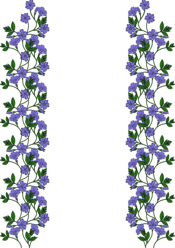 Elegant floral border design featuring delicate periwinkle flowers and leaves, perfect for invitations, cards, or other design projects. vector