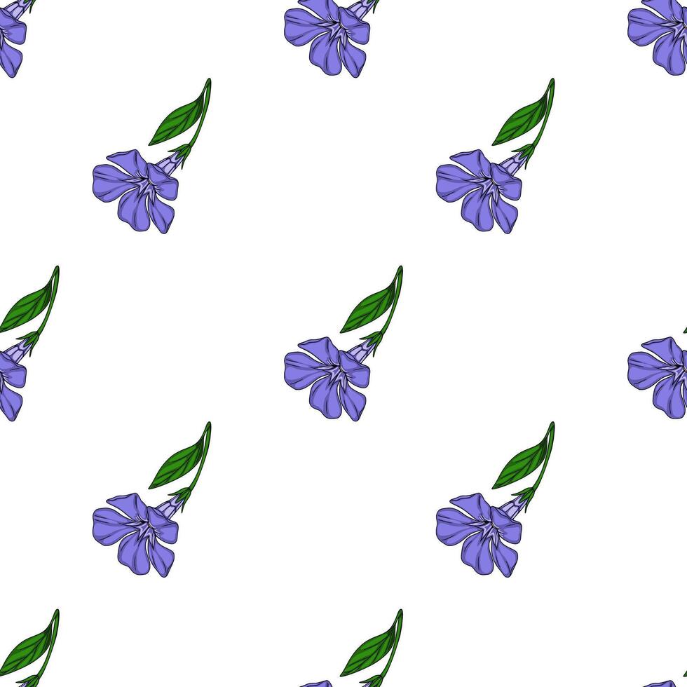 Seamless pattern of delicate periwinkle flowers with green leaves, arranged in a repeating design on a white background, ideal for textile prints or digital designs. vector
