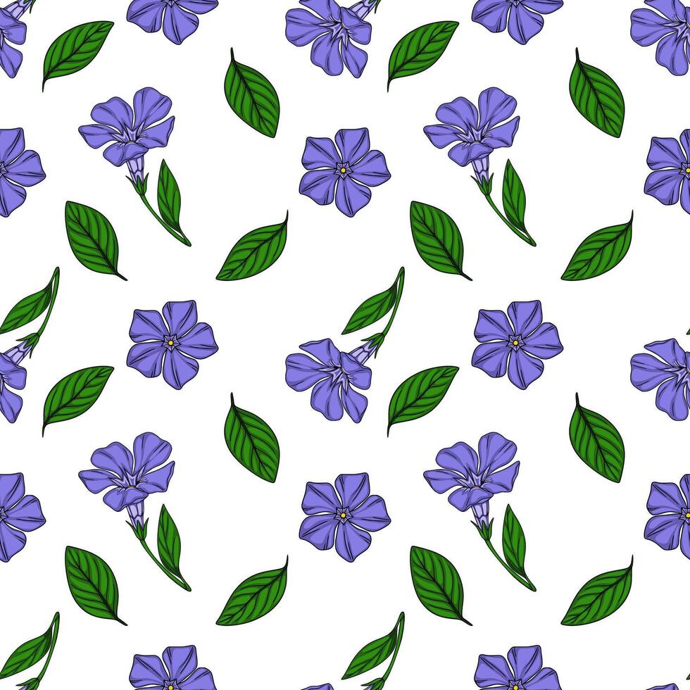 Seamless pattern of delicate periwinkle flowers and green leaves on a white background, ideal for textile prints or springthemed designs. vector