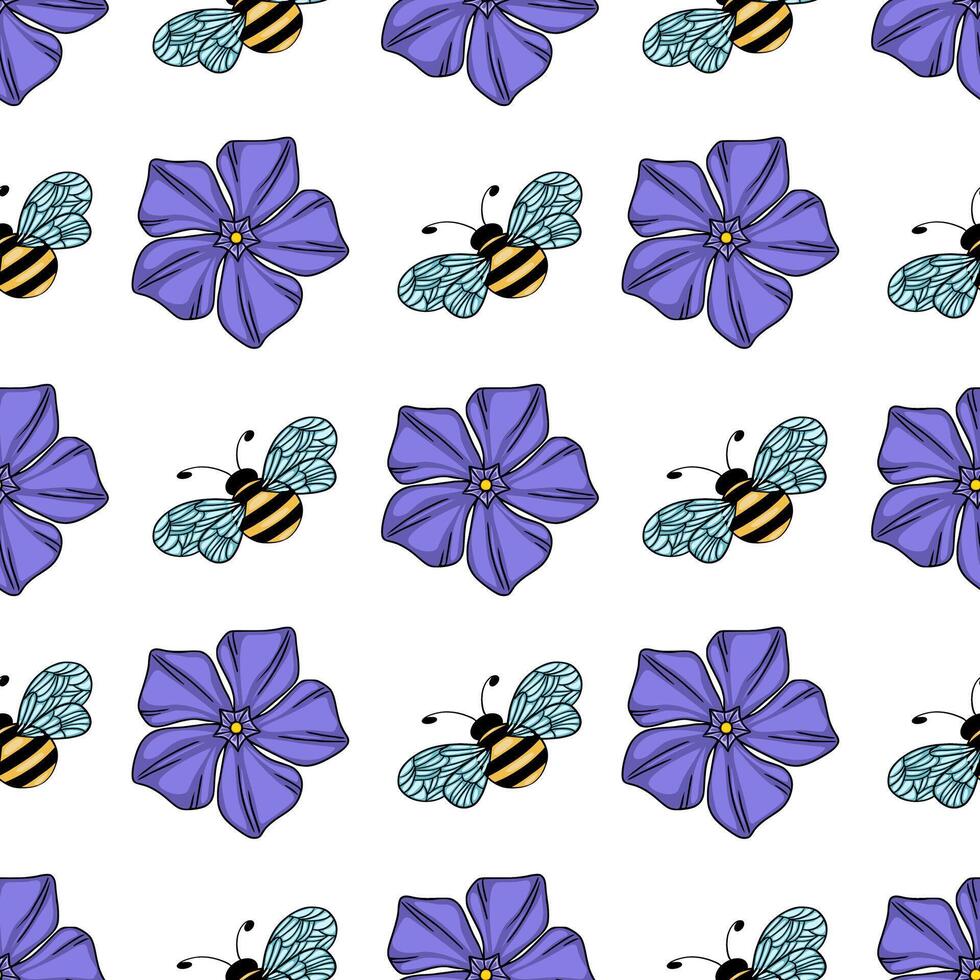 Seamless pattern of stylized purple flowers and cute bees, perfect for textile prints, wrapping paper, or digital design projects. vector