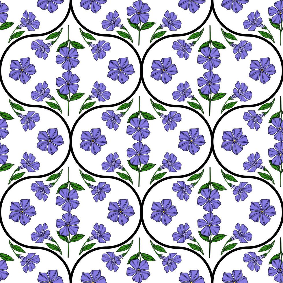 Seamless pattern of stylized periwinkle flowers in purple and green, arranged within a repeating black curve motif on a white background, creating a delicate and elegant design. vector