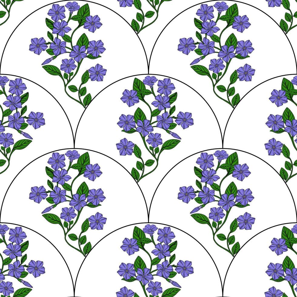 Seamless pattern of delicate periwinkle flowers arranged in elegant halfcircle motifs, creating a sophisticated floral design ideal for textile prints or wallpaper. vector
