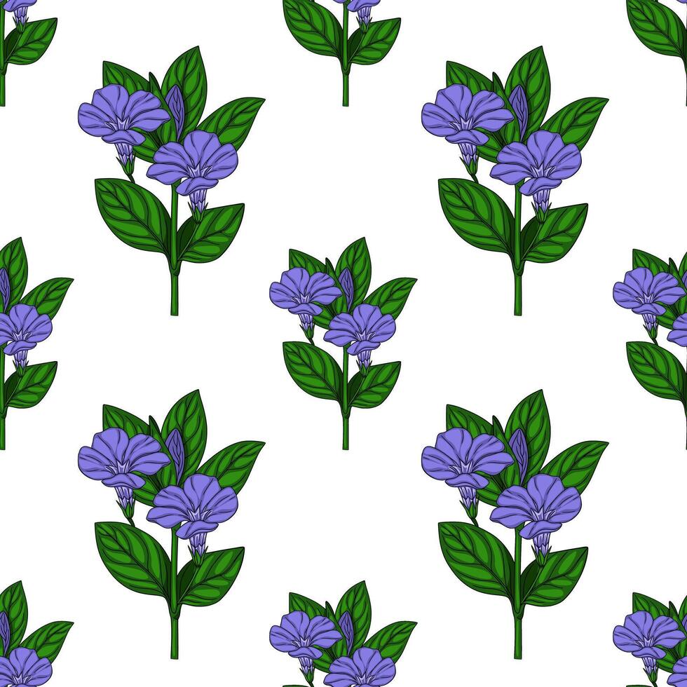 Seamless pattern of delicate light purple periwinkle flowers with vibrant green leaves, artistically rendered in a detailed botanical style, ideal for textile prints or springthemed designs. vector