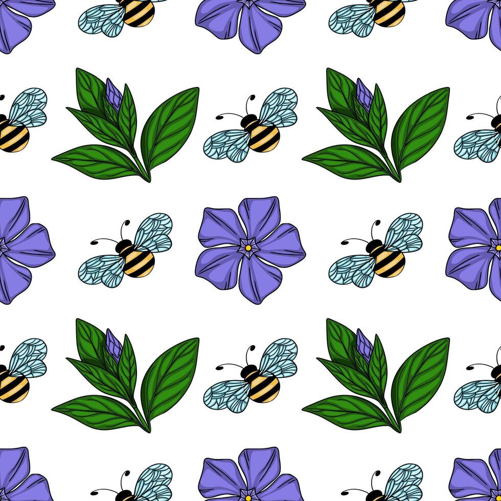 Seamless pattern featuring handdrawn illustrations of vibrant purple periwinkle flowers, lush green leaves, and busy honeybees in a cheerful, repeating design. vector