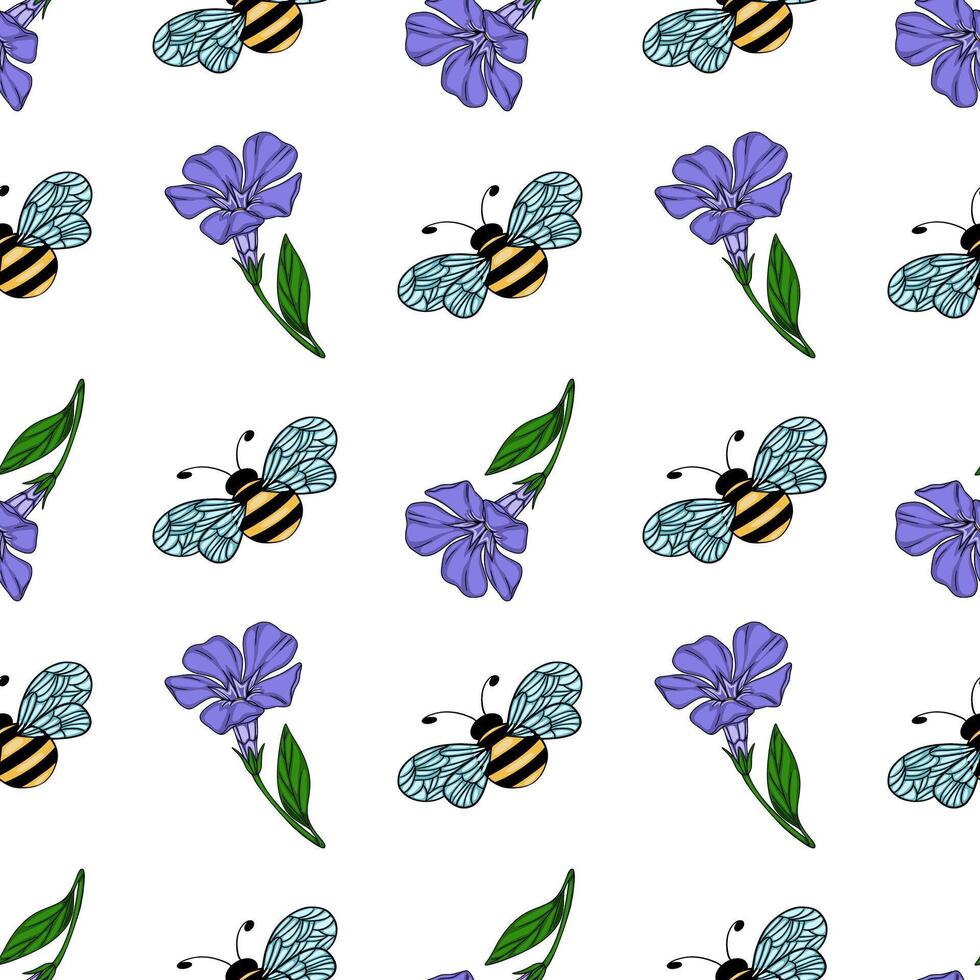 Seamless pattern with handdrawn bumblebees and stylized periwinkle flowers, featuring a vibrant color palette and intricate wing details for textile or wallpaper design. vector