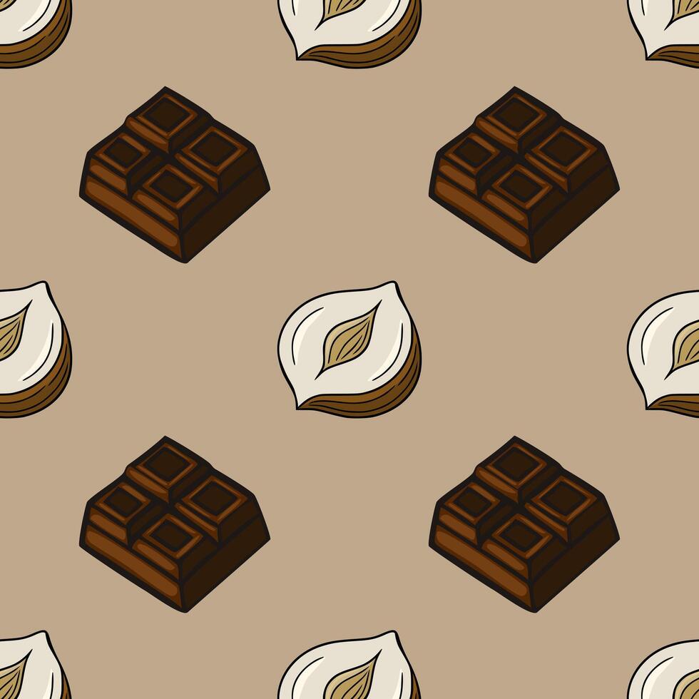 Seamless pattern of chocolate bars and hazelnuts, a delicious handdrawn illustration perfect for packaging or culinary designs. vector