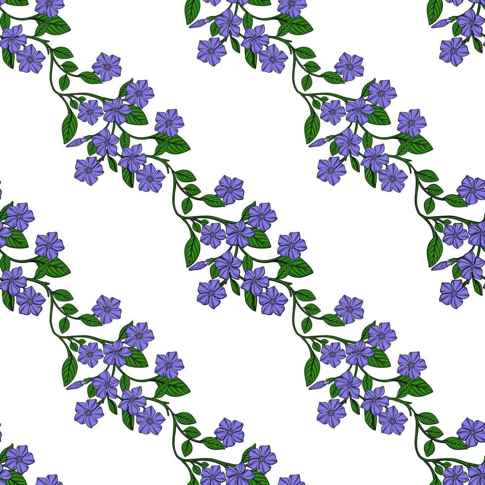 Seamless pattern of delicate periwinkle flowers and green leaves, arranged in a diagonal repeating design, ideal for textile prints or springthemed backgrounds. vector