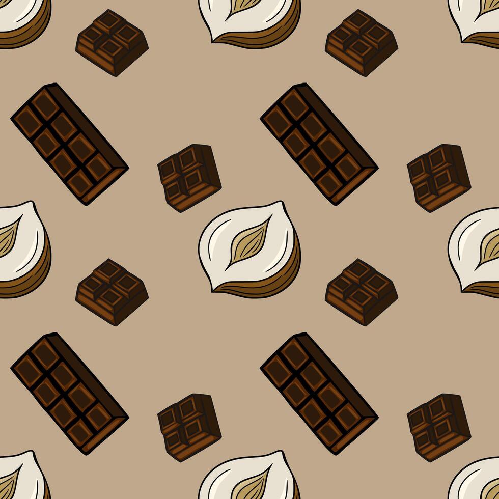 Seamless pattern of hazelnuts and chocolate bars in a handdrawn style, featuring a unique light brown background for a sweet and delicious design. vector