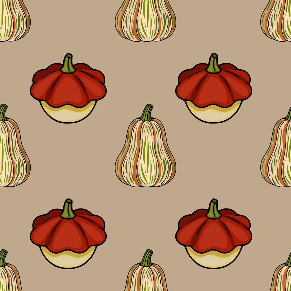 Seamless pattern with handdrawn autumn pumpkins in red and greenorange striped variations, featuring a unique blend of flat and slightly threedimensional styles on a muted beige background. vector