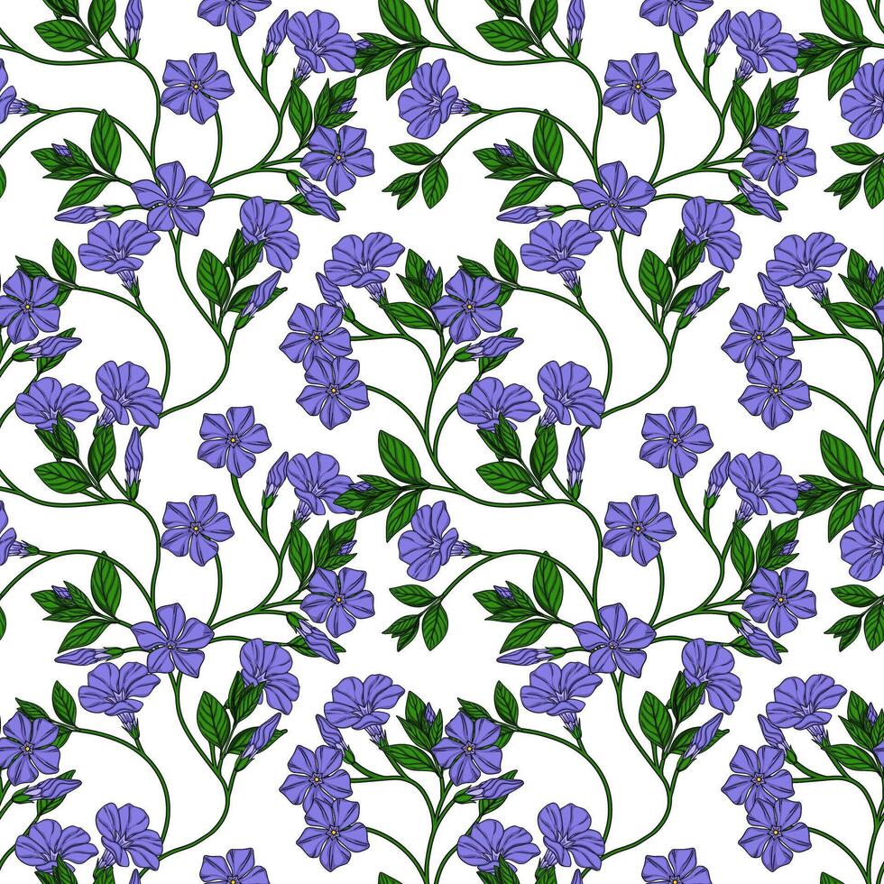 Seamless pattern of delicate periwinkle flowers and green leaves, arranged in a graceful, repeating design, ideal for textile prints or wallpapers. vector